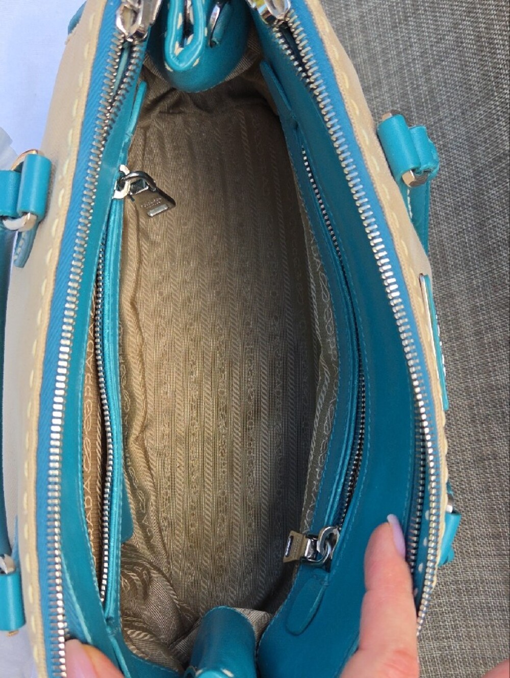 Prada Beige Canvas Satchel with Teal Leather Trim - Picture 12 of 17